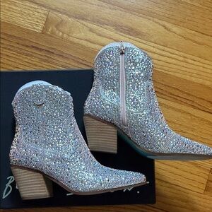 Betsey Johnson Iridescent Crystal Embellished Ankle Boots - Silver Sparkle